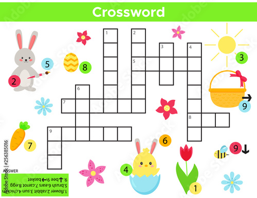 Vector Easter Crossword in English. Education game for children with answer. Printable worksheet. Cute cartoon rabbit, chick, spring flower, Easter egg and basket.