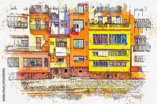 Watercolor sketch or an illustration of a beautiful view of the colorful houses in Girona in Italy. Traditional European architecture © CaptainMCity
