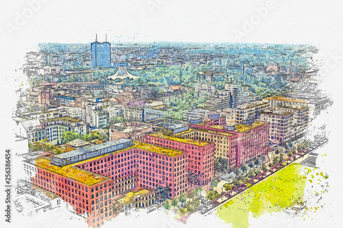 Watercolor sketch or illustration of a beautiful view of the traditional architecture of Berlin. Aerial view of the city