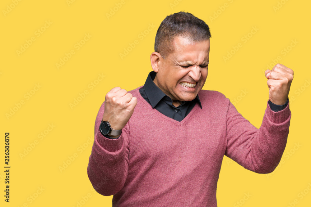 Middle age arab man over isolated background very happy and excited doing winner gesture with arms raised, smiling and screaming for success. Celebration concept. Middle age arab man over isolated background very happy and excited doing winner gesture with arms raised, smiling and screaming for success. Celebration concept.