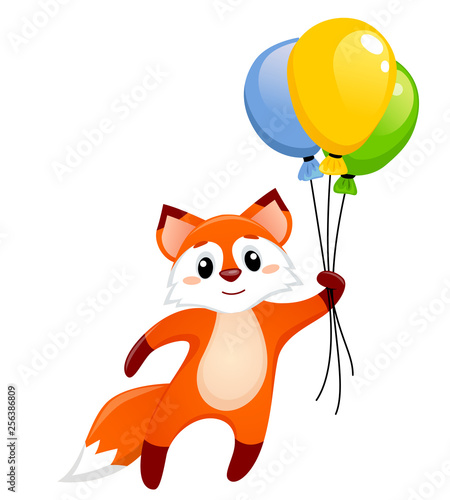 Cute little fox flying with balloons