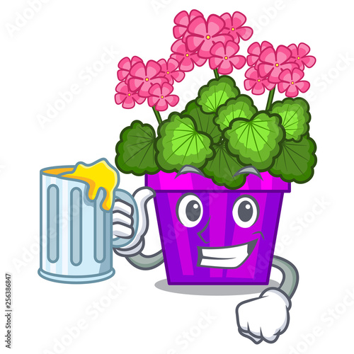 With juice geranium flowers in the cartoon pot