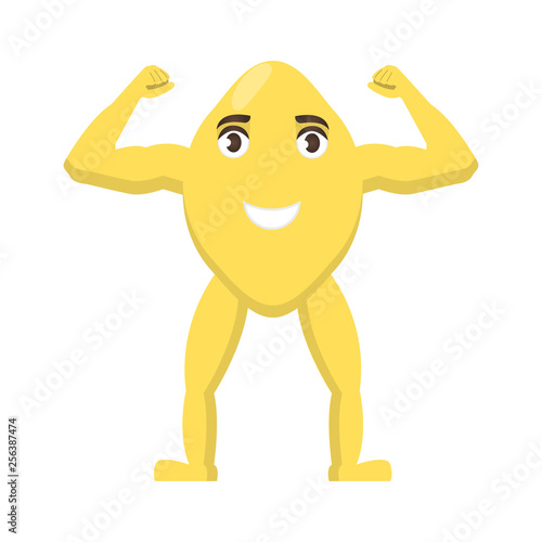 Lemon strong icon with a smile on his face, fruit, healthy food character in cartoon style
