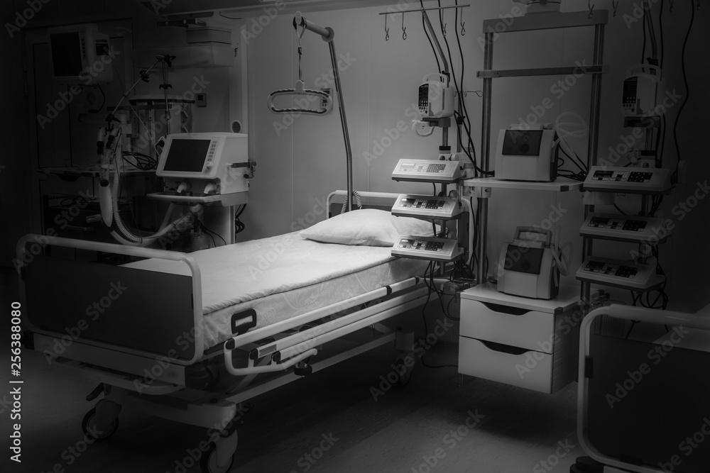 Dramatic black and white. hospital emergency room intensive care. modern equipment, concept of healthy medicine, treatment, inpatient treatment, help services, insurance, diseases, medical reforms Dramatic black and white. hospital emergency room intensive care. modern equipment, concept of healthy medicine, treatment, inpatient treatment, help services, insurance, diseases, medical reforms