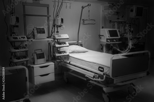Dramatic black and white. hospital emergency room intensive care. modern equipment, concept of healthy medicine, treatment, inpatient treatment, help services, insurance, diseases, medical reforms
