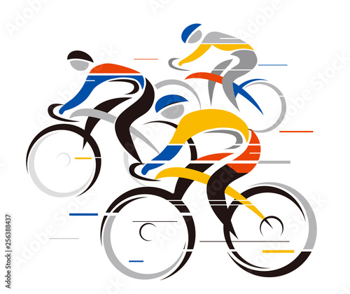  Bicycle Race, three cyclists. Stylized illustration of cycling racers in full speed. Vector available.