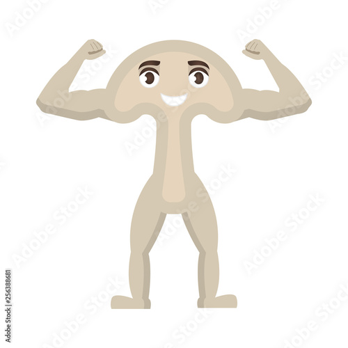 Mushroom strong icon, vegetable with happy face, healthy food character in cartoon style