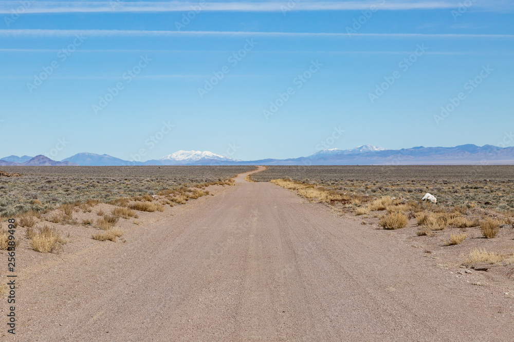 A long dusty road in the Nevada desert, with a snowcapped mountain in the distance