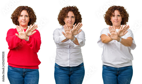 Collage of middle age senior woman over white isolated background Rejection expression crossing arms and palms doing negative sign, angry face