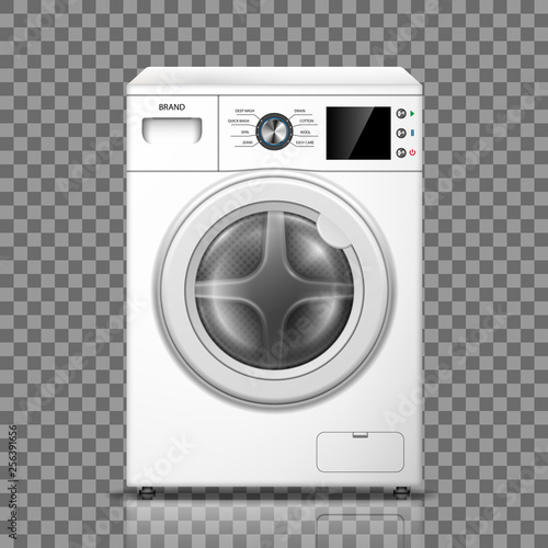 Realistic washing machine isolated on transparent background. White washer front view. Modern washing machine mockup or home appliances. vector illustration