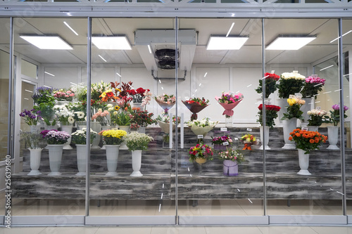 Flowers for sale in a special cold room with air conditioning. Refrigerator for flowers