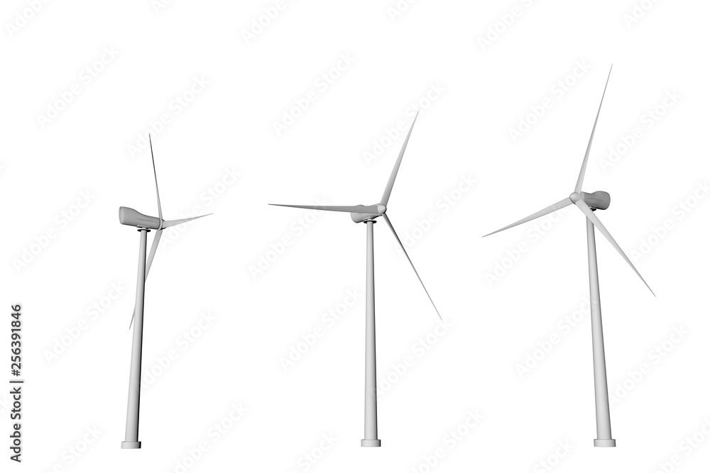 Three windmills with different rotation angles bottom view isolated on white background - wind power industrial illustration, 3D illustration Three windmills with different rotation angles bottom view isolated on white background - wind power industrial illustration, 3D illustration