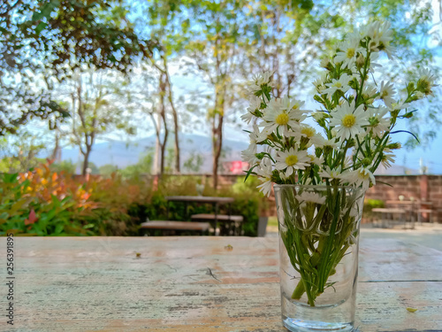 Beautiful flowers in glass vases on wooden table top on blur with garden background