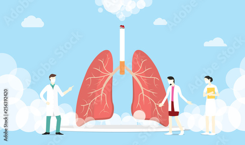 lungs smoke cigarette concept with smoke and team medic people - vector illustration