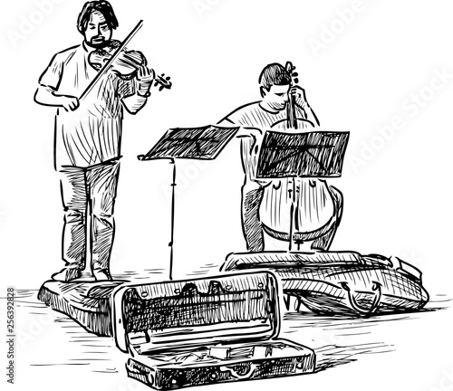Sketch of street musicians playing the violin and cello
