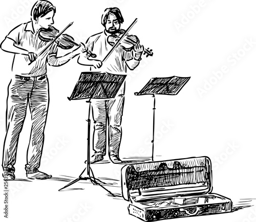Sketch of street musicians playing the violins