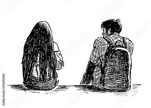 Sketch of young people sitting on the river coast