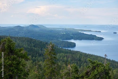 Scenic summer landscape view over the lake Pielinen from the top of the UkkoKoli, a fell at the Koli national park in Joensuu, Finland, the land of a thousand lakes.