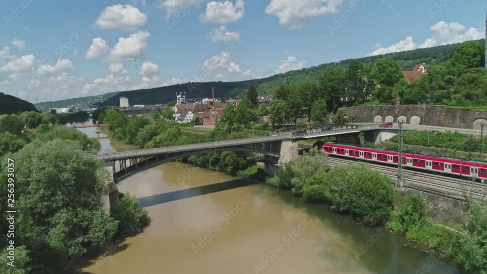 Germany - Drone flight over river Neckar and city Plochingen
