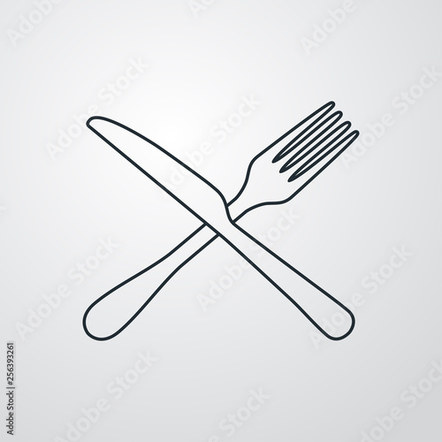 Icono plano lineal cubiertos cruzados en fondo gris