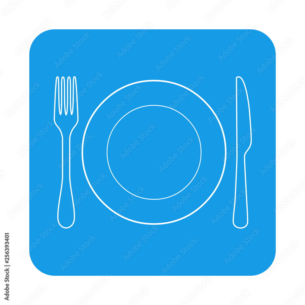 Icono plano lineal plato y cubiertos en cuadrado color azul Icono plano lineal plato y cubiertos en cuadrado color azul
