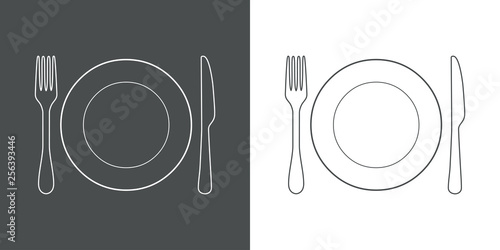 Icono plano lineal plato y cubiertos en gris y blanco