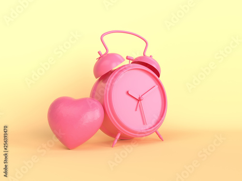 3d render, Pink alarm clock with heart isolated, minimal fashion on a yellow background, blank space, pastel colors