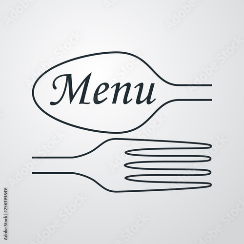 Icono plano con texto Menu en cuchara lineal en fondo gris