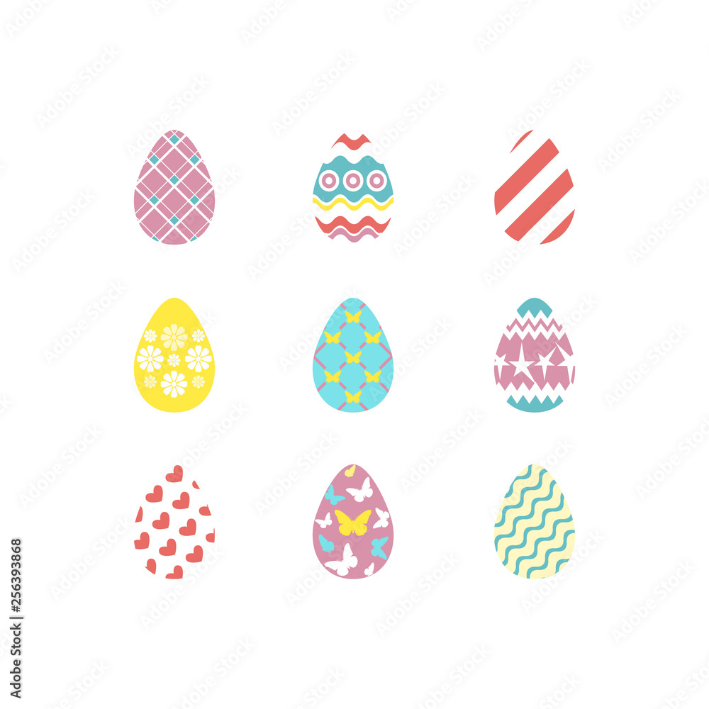 Set of colorful happy easter eggs silhouettes on white background with different ornaments and texture. Egg icons in coral, yellow, turquoise, pink colours. Vector illustration.