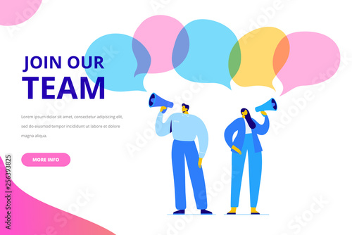 Group of people shouting on megaphone Join our team vector illustration concept. Flat style  illustration for web.