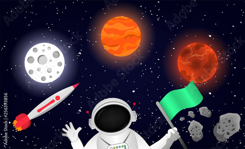 Astronaut in space on background 2 planets (Venus and Mars) and moon. For web-design, wallpaper and different background