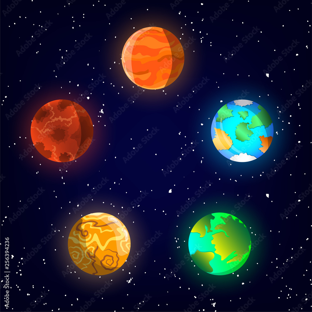 Fototapeta premium 5 planets in space with stars on background. Design for web, games, poster, wallpaper and for other uses