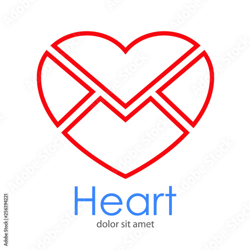 Logotipo abstracto con texto Heart con corazón como sobre postal lineal en color rojo