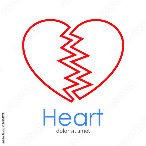 Logotipo abstracto con texto Heart con corazón roto lineal en color rojo