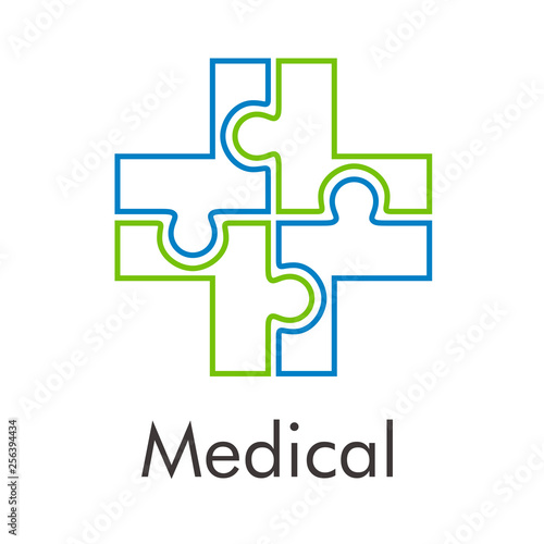 Logotipo abstracto con texto Medical con cruz  como puzzle lineal en color azul y verde