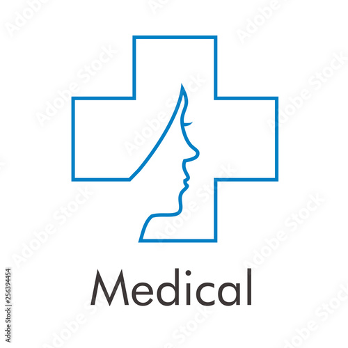 Logotipo abstracto con texto Medical con con cruz con cara de mujer en espacio negativo lineal azul