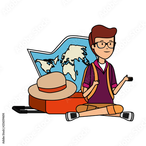 tourist man with paper map and hat