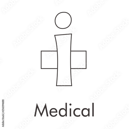 Logotipo abstracto con texto Medical con cruz lineal con letra i de información en color gris