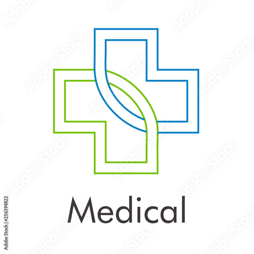Logotipo abstracto con texto Medical con cruz lineal en azul y verde