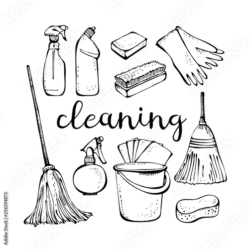 Cleaning service tools isolated on white background, housework collection