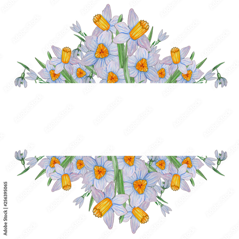 Hand painted watercolor template of spring flowers.