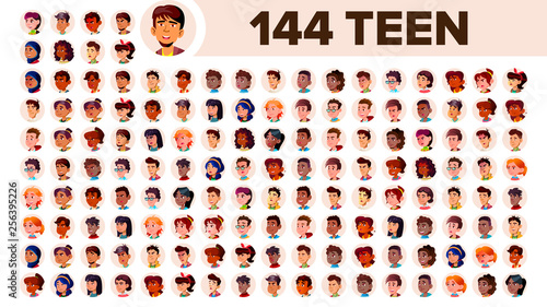 Teenager Avatar Set Vector. Multi Racial. Face Emotions. Multinational User People Portrait. Male, Female. Ethnic. Icon. Asian, African, European, Arab. Flat Illustration