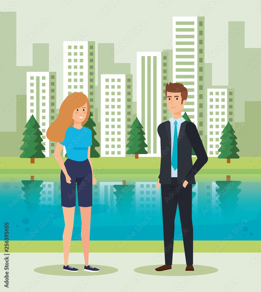 woman and man talking near to river and buildings