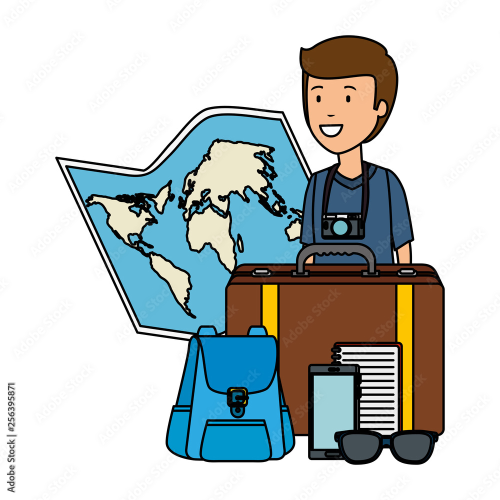 tourist man with paper map and travel icons tourist man with paper map and travel icons