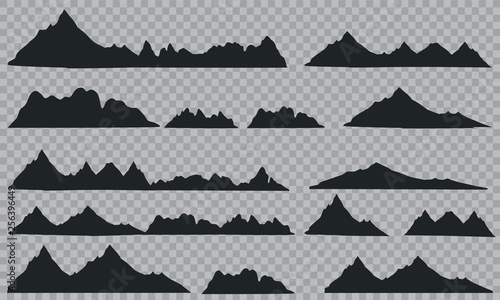 Mountains silhouettes on the white background. Vector set of outdoor design elements.
