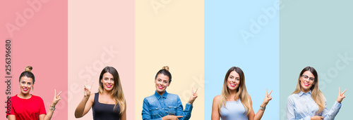 Collage of young beautiful woman over colorful stripes isolated background smiling with happy face winking at the camera doing victory sign. Number two.