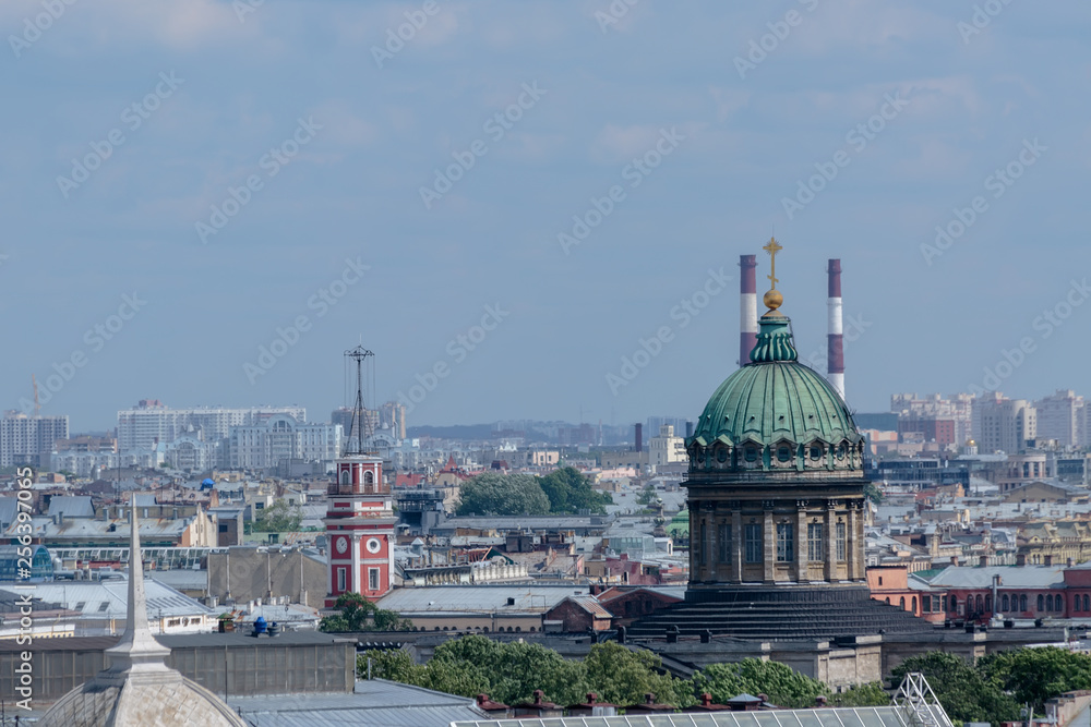Dome of Kazan Cathedral and clock tower of the Saint Petersburg City Duma, view of the city of St. Petersburg from a height