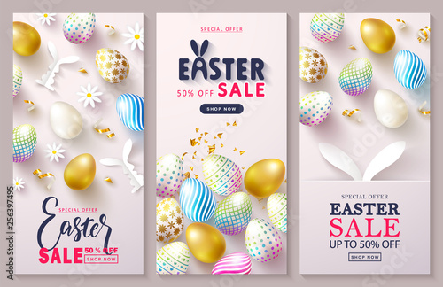 Happy Easter Sale Set of cards.Beautiful Background with colorful eggs, paper bunnies and golden serpentine. Vector illustration for website , posters,ads, coupons, promotional material