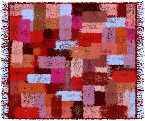Plaid with geometric pattern with grunge striped weave  colorful rectangular elements and fringe isolated on white