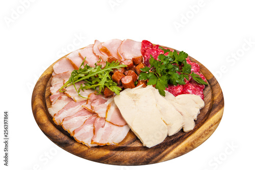 ingredient for pizza (salmon, bacon, pork, meat, sausage, salami and chicken) on wooden round board  isolated on white background